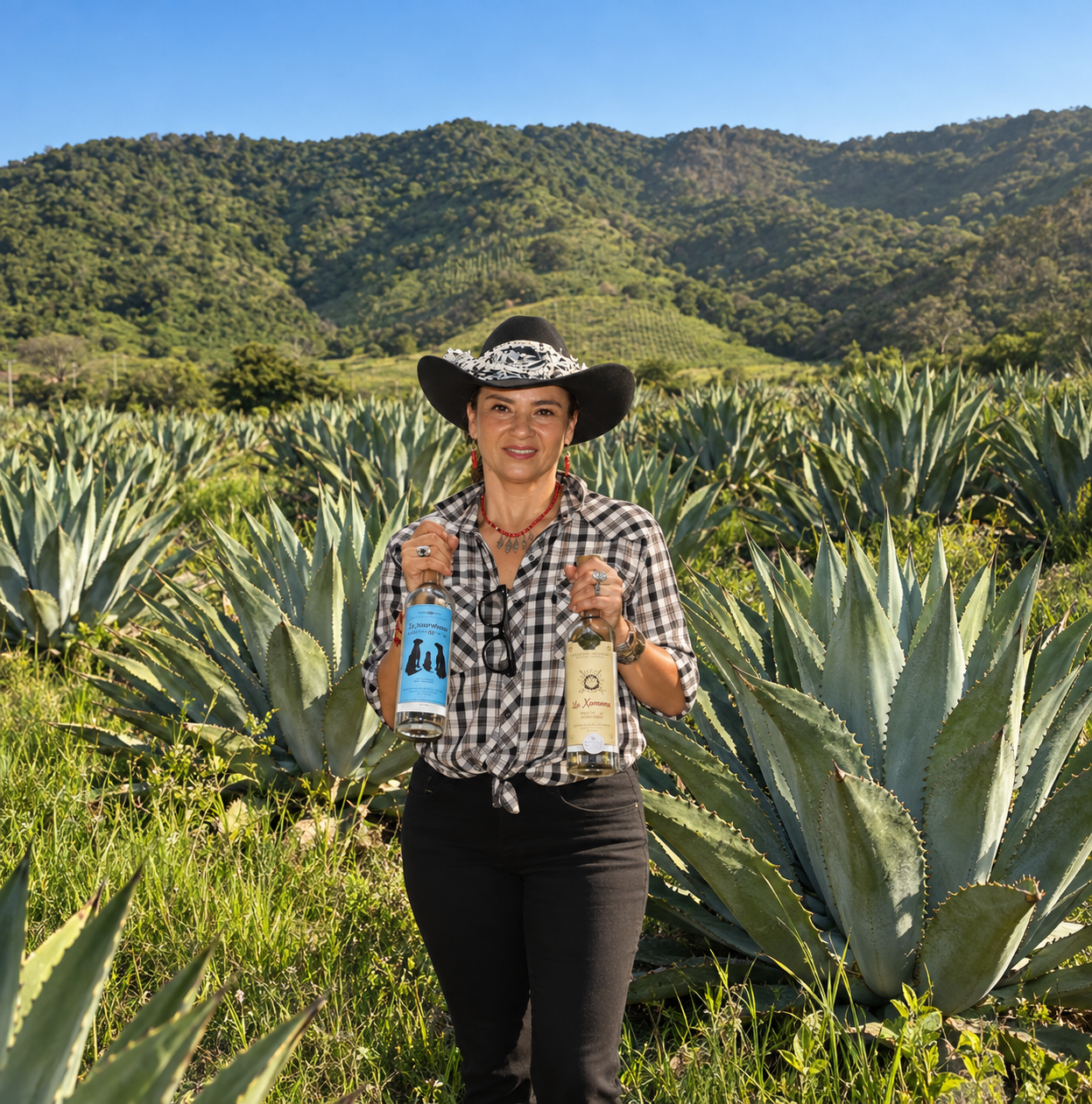 Claudia, anfitriona de La Raicillería, entre agaves